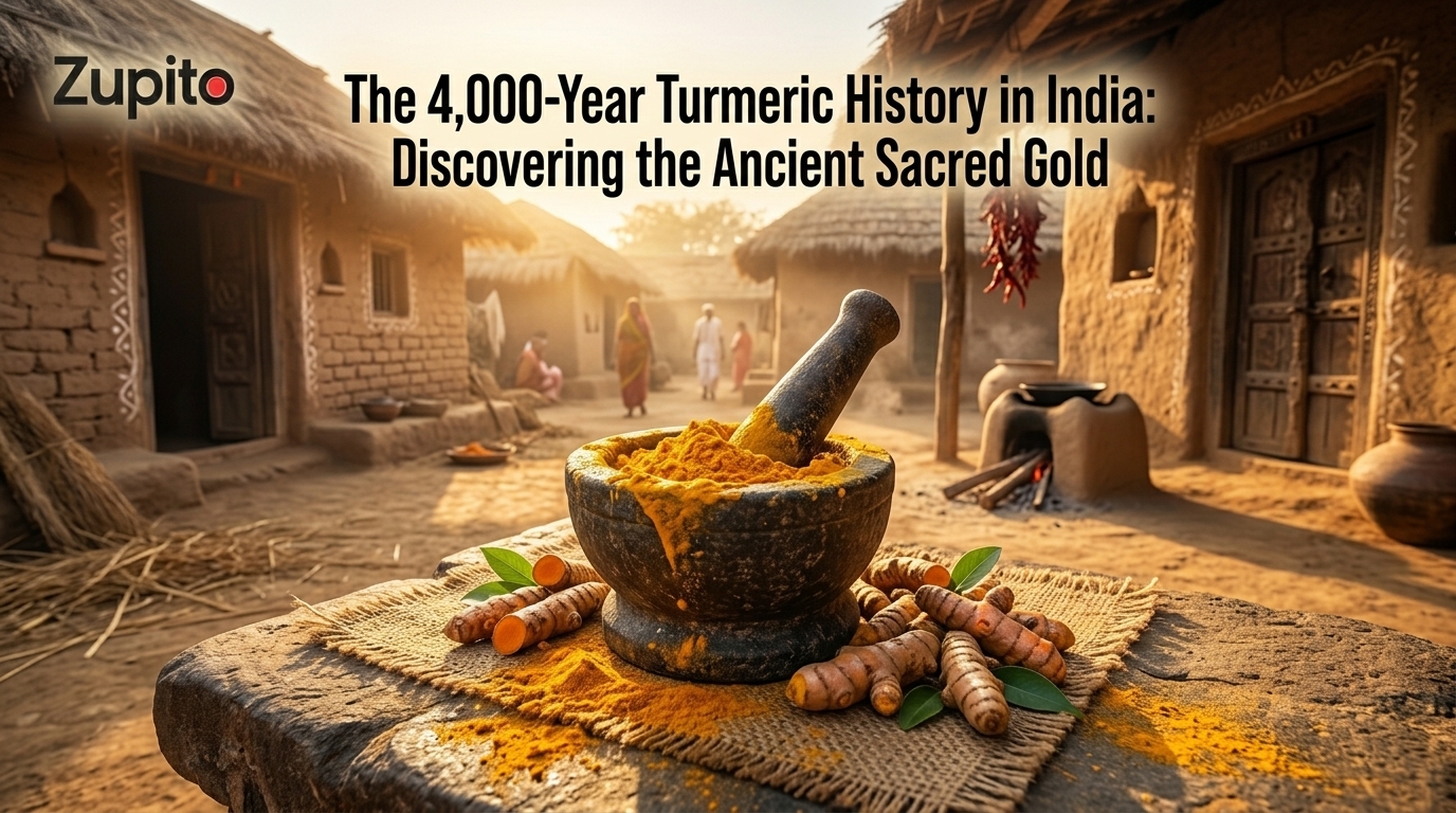 cinematic visualization of turmeric history in india with ancient stone pestle and mortar