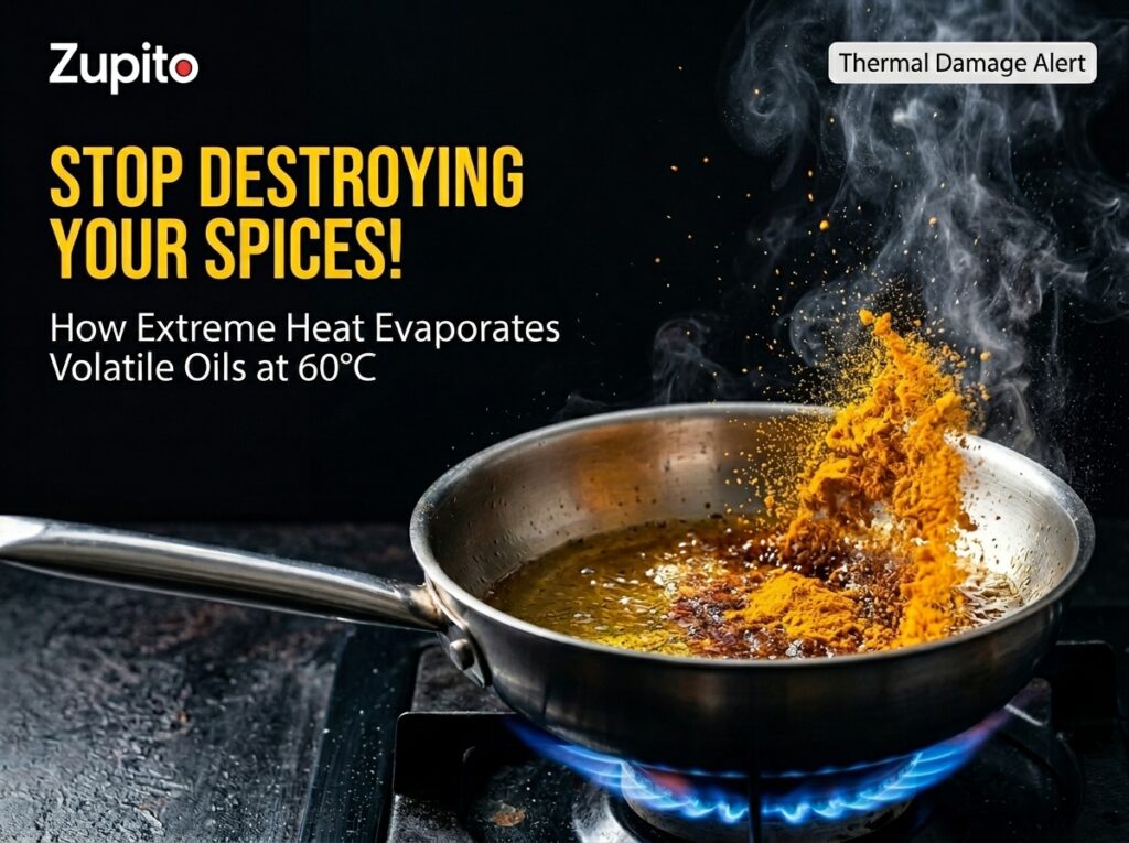 Burning turmeric powder on high heat leading to rapid evaporation of delicate turmeric volatile oils