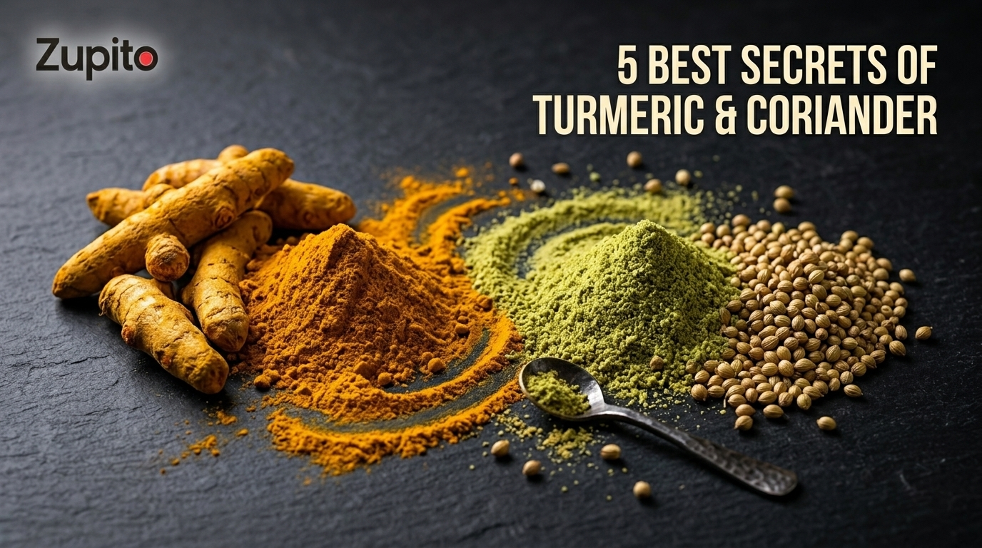 A premium structural display of turmeric and coriander raw materials and fine ground powders for perfect gravies.