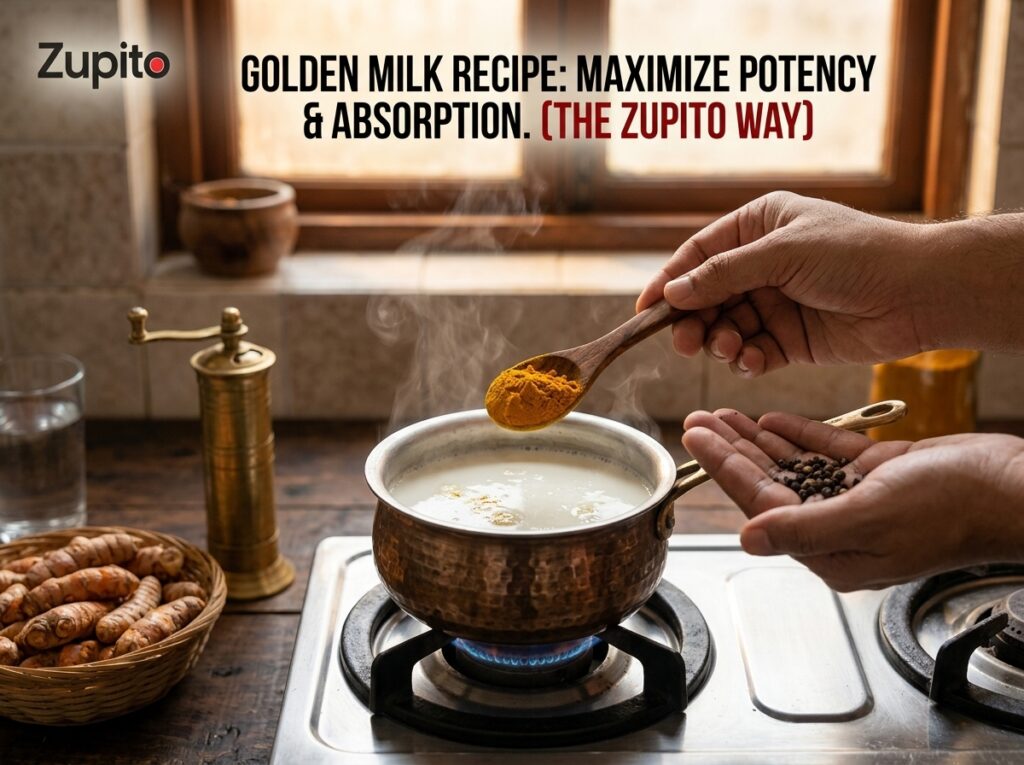 Step-by-step preparation of golden milk recipe to maximize haldi doodh benefits by adding cold-ground turmeric and black pepper.