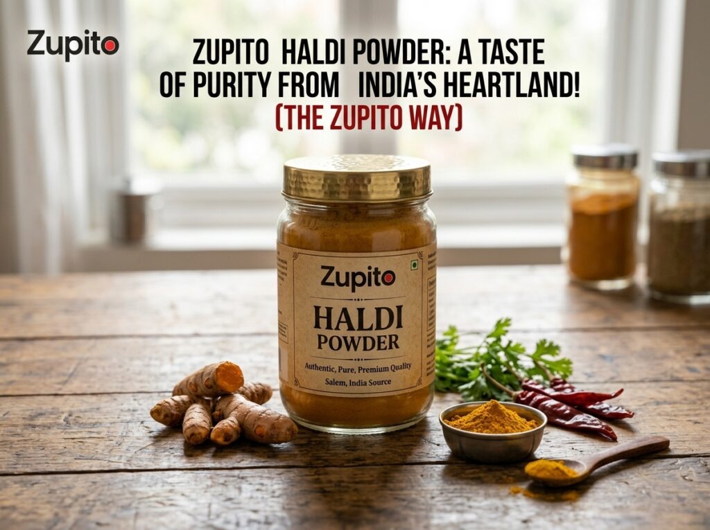 Premium Zupito cold-ground turmeric powder jar displayed with raw turmeric roots for authentic haldi doodh benefits.