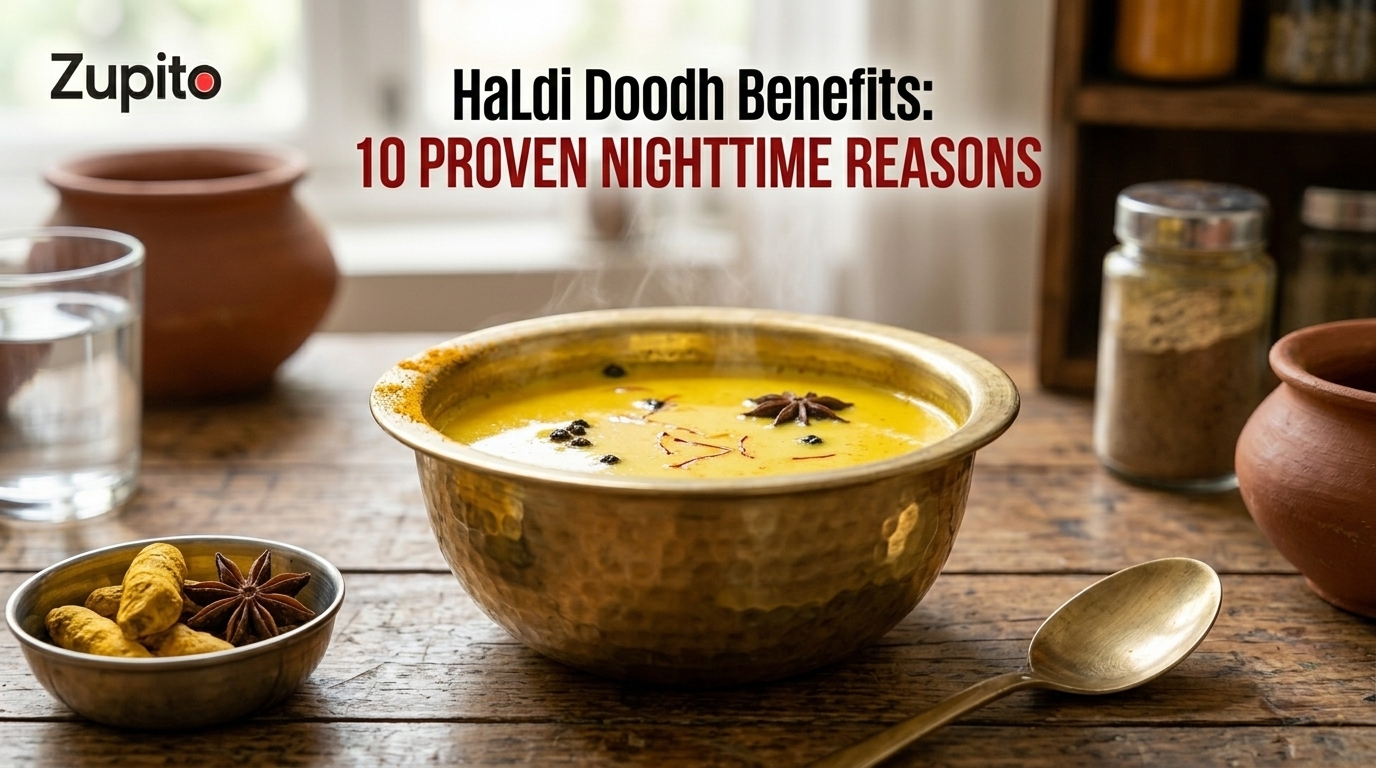 Warm brass bowl of Golden Milk and raw turmeric with four key haldi doodh benefits highlighted: Immunity Shield, Reduce Inflammation, Optimize Sleep, and Heart Health for nightly wellness.