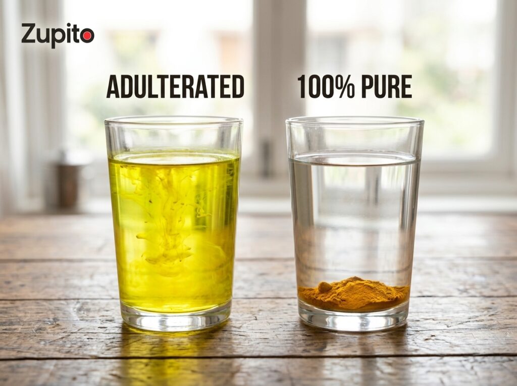 Water test checking turmeric powder price value and purity against chemical dyes