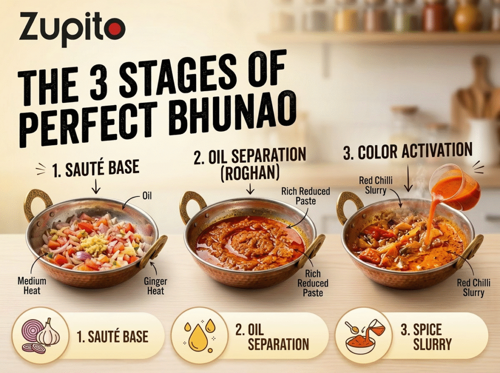 3 stages of bhunao technique showing how to make curry orange color perfectly
