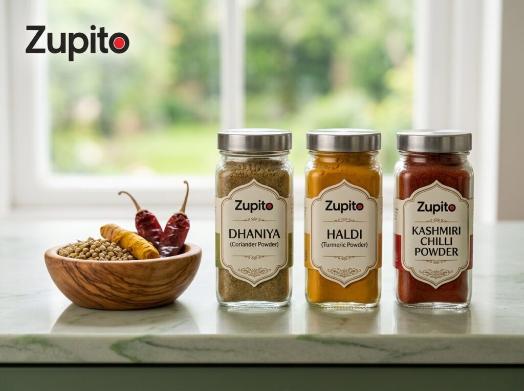 Premium Zupito spice packs displayed together on a kitchen counter as healthy natural immunity food components.