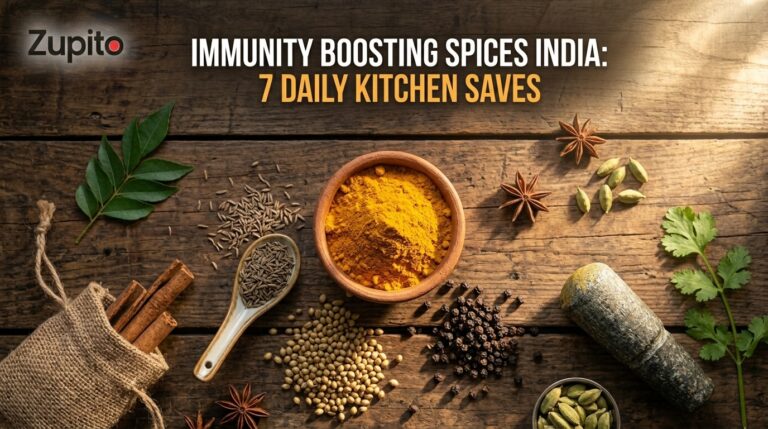 An assortment of premium immunity boosting spices India loves, featuring cold-ground turmeric, cumin, and coriander on a rustic wooden table.