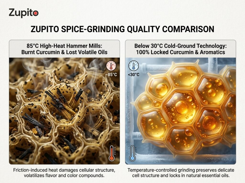 High heat industrial grinding vs low temperature cold ground technology curcumin retention