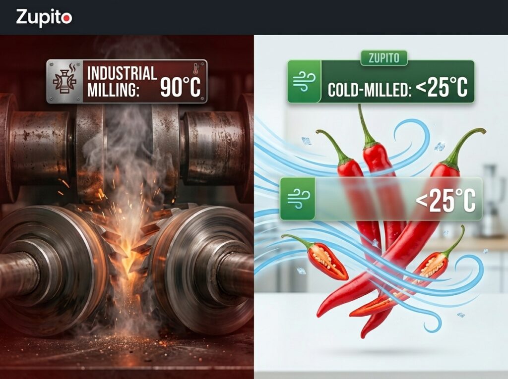High Heat Burns Chilli Nutrients Infographic comparing high-speed industrial milling against the preserved health benefits of cold-ground Single-Origin Jodhpur Mirch.