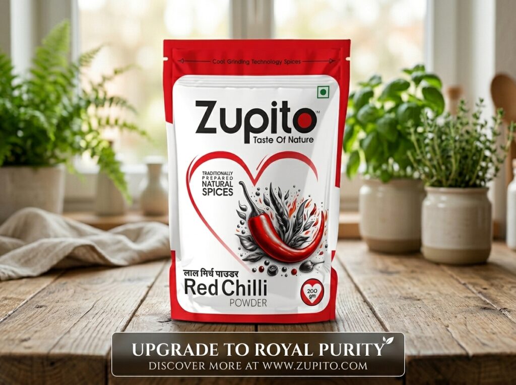 Zupito Mathania Pouch Purity Banner Minimalist kitchen setup featuring the premium Zupito Mathania Pouch on a counter for an organic chilli powder buy option.