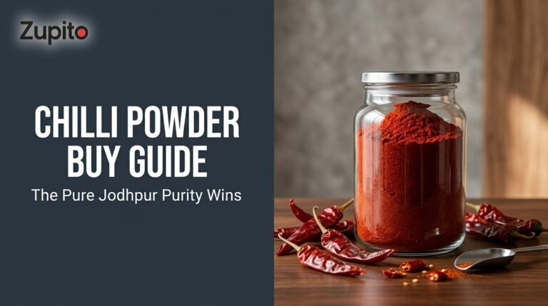 A premium glass jar of vibrant red powder for our chilli powder buy guide, showcasing the genuine Mathania Chilli health benefits.