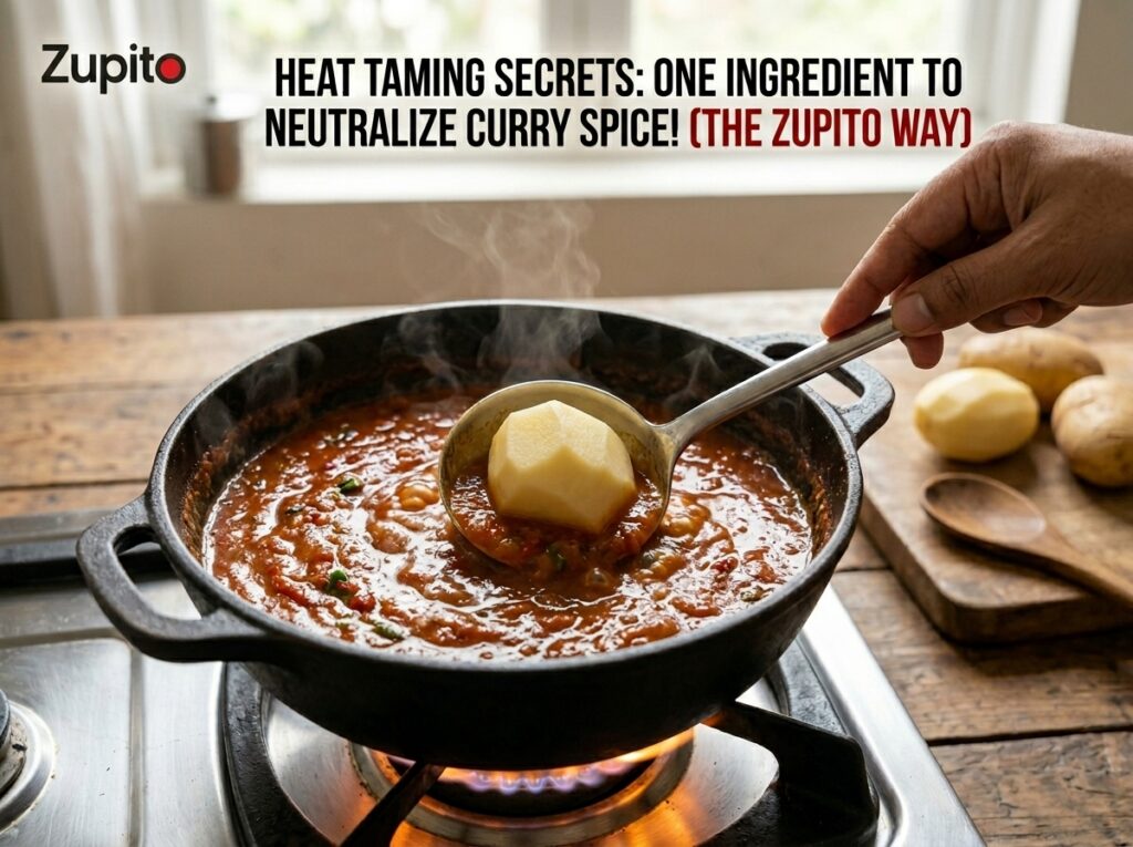 step-by-step guide on how to reduce spiciness in curry by adding raw potato chunks to absorb chili heat.