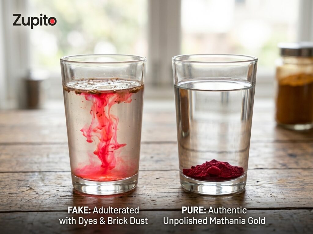 Water test checking red chilli powder price value and purity against chemical dyes