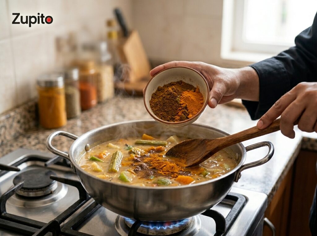 A chef gently adding rich sambar masala and cold-ground haldi in sambar while the lentils and vegetables are simmering together.