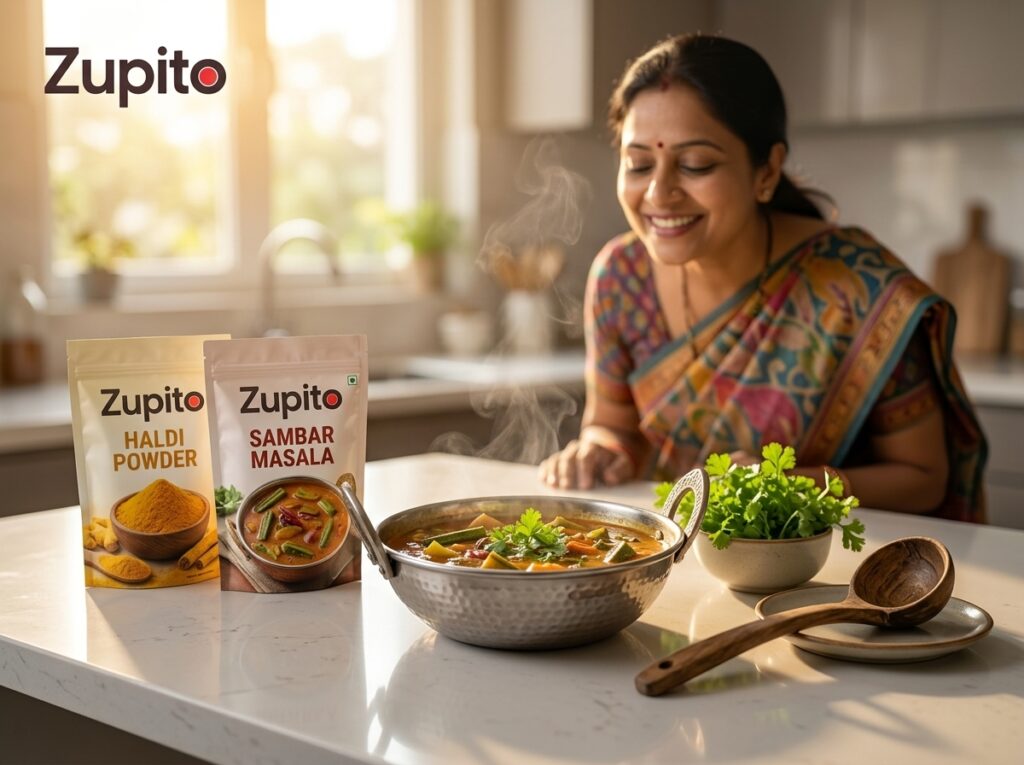 A happy lifestyle moment showcasing a freshly cooked bowl of sambar on a modern kitchen counter with a pack of zupito spices and coriander nearby.