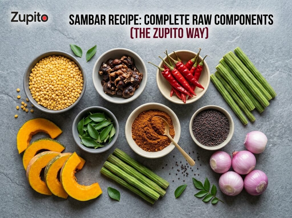 A beautiful assortment of the main ingredients required for the sambar recipe: Toor Dal, tamarind, vegetables, and the sambar masala spices.