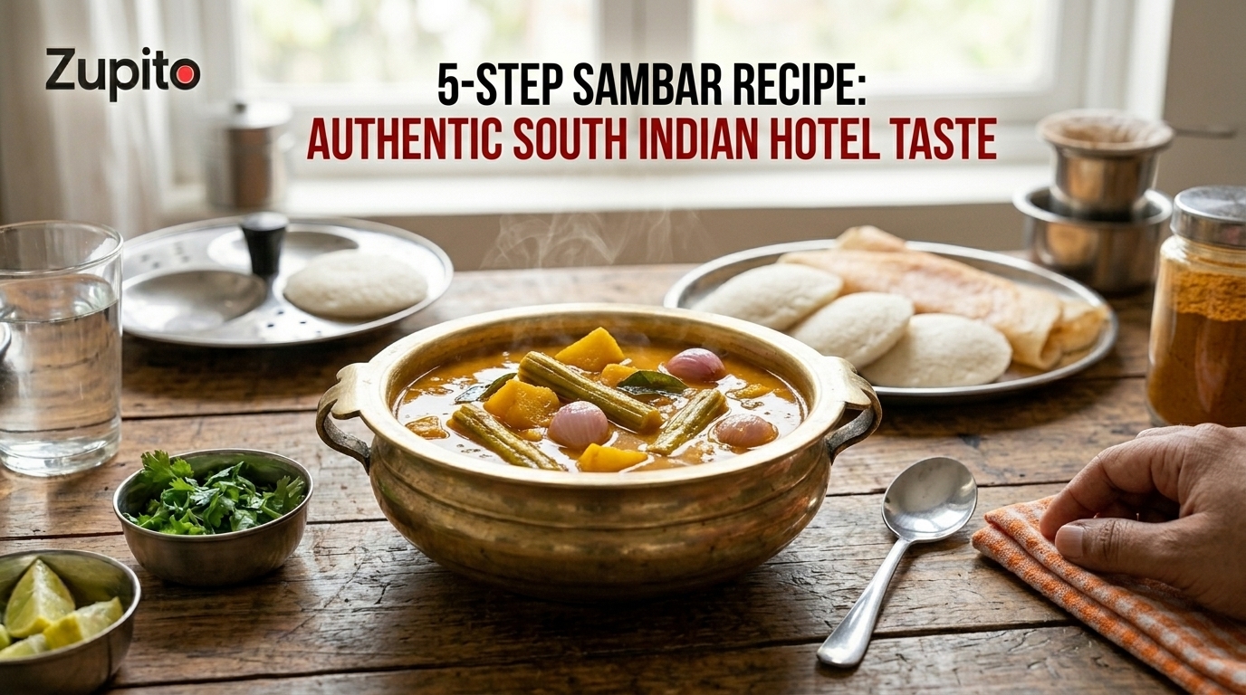 A steaming bowl of authentic hotel-style South Indian sambar made from a traditional sambar recipe, ready to be served.