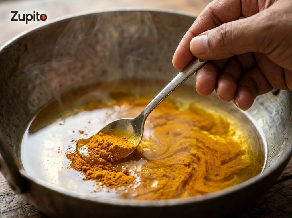 how to bloom spices in oil using warm ghee and fresh organic haldi powder