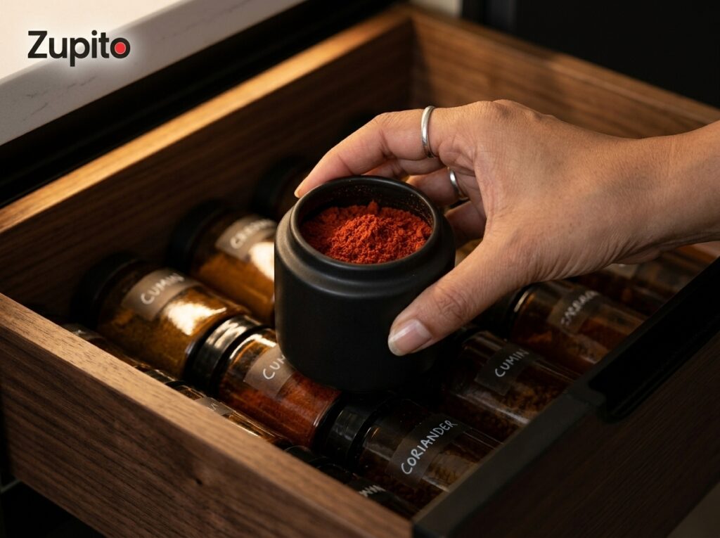 spice blending secrets showing authentic mathania red chilli powder storage in dark pantry