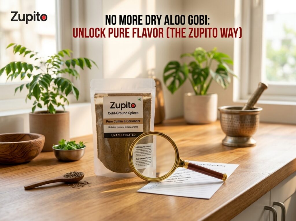 A smart consumer completing a masala label check on a Zupito packet inside a bright, clean kitchen space.