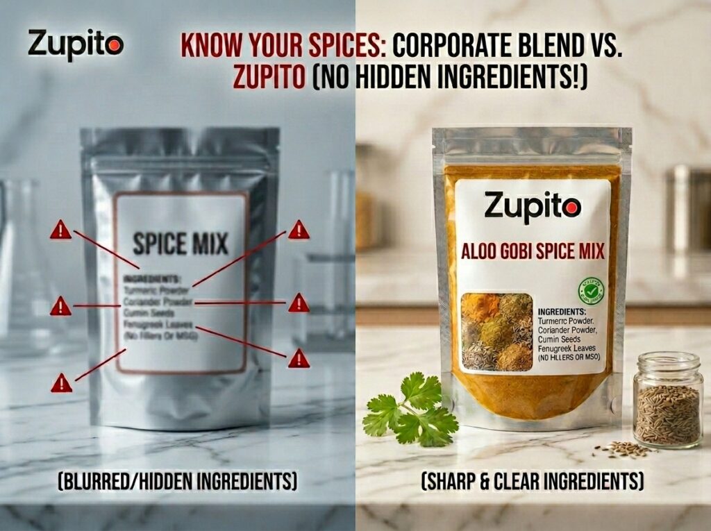Performing a thorough masala label check to detect hidden fillers and verify regulatory parameters on a spice packet.