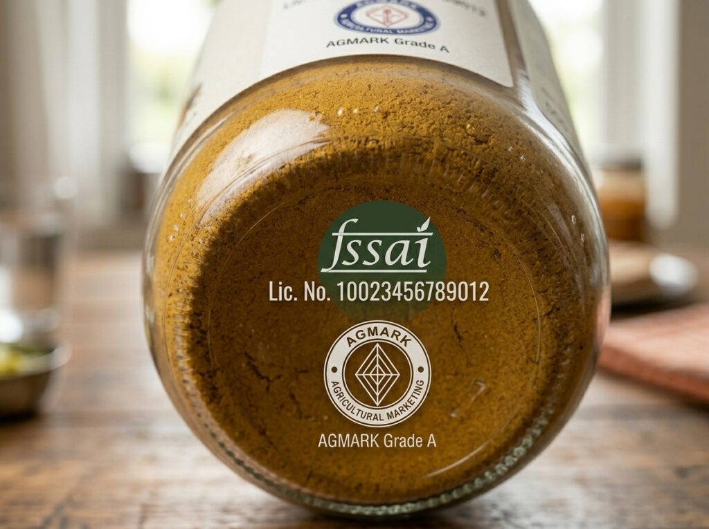 Official registrations for FSSAI spices compliance and a verified pure masale certificate printed on a transparent label.
