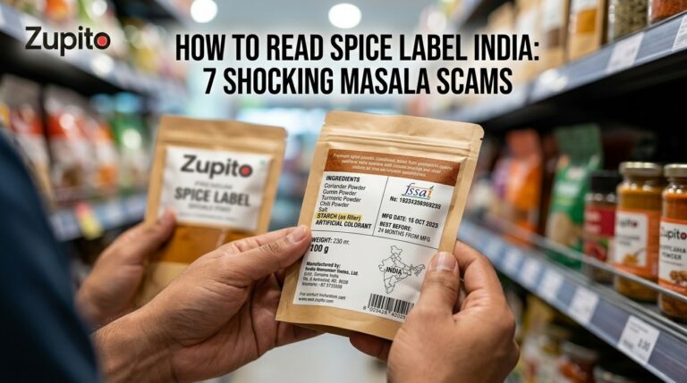 A close-up view of a consumer learning how to read spice label India products carry, analyzing the back panel details closely.