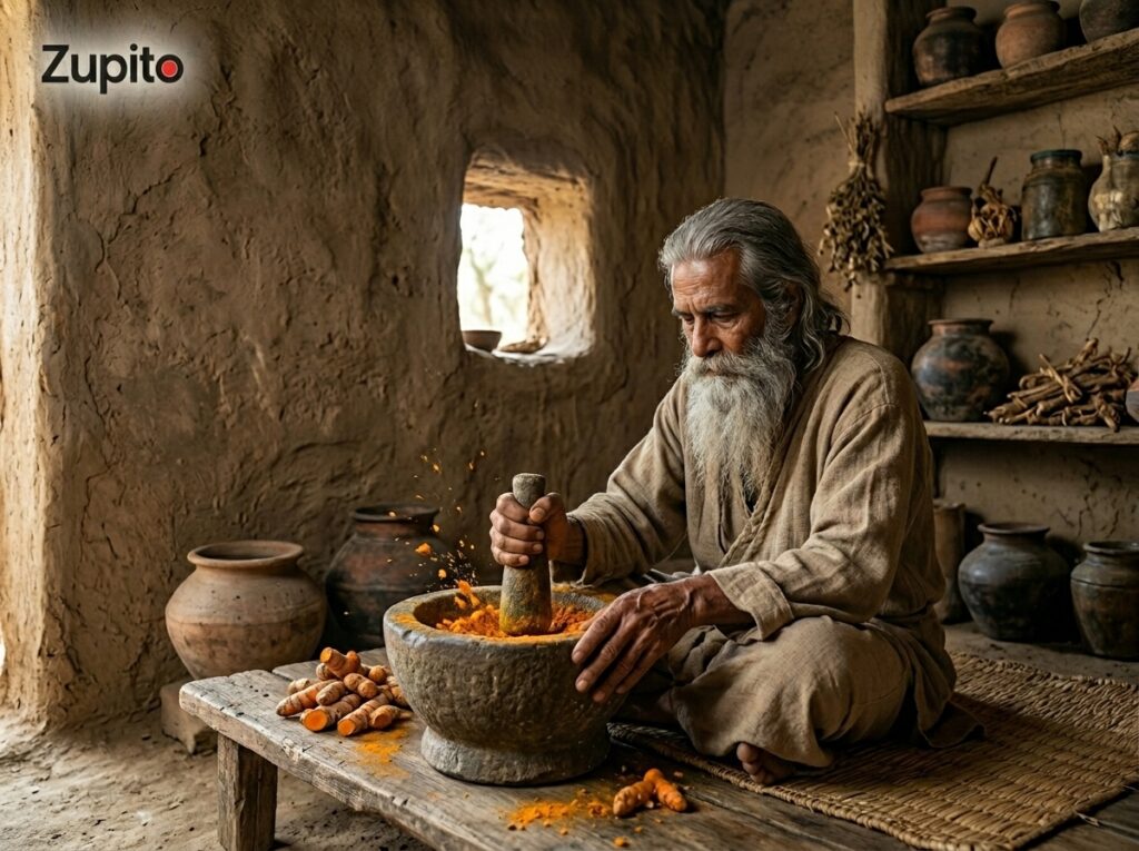 vedic vaidya grinding turmeric root in ancient healing hut