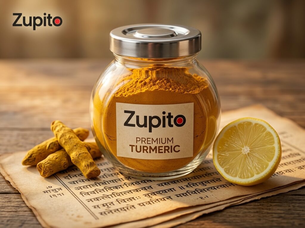 premium zupito cold-ground turmeric powder jar on ancient sanskrit manuscript