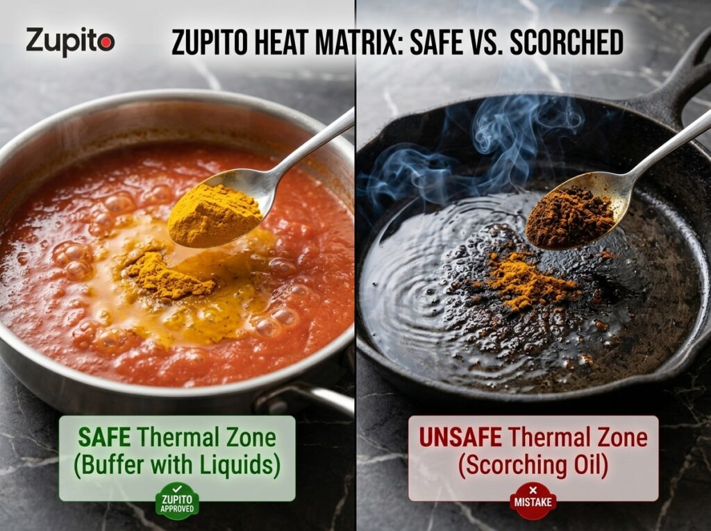 A visual haldi add karne ka time guide by Zupito, contrasting safe liquid simmering vs. a scorching dry pan result.