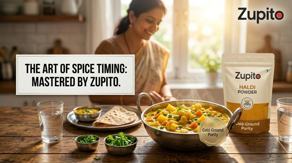 A premium finished dish moment showing why when to add turmeric in cooking matters, featuring the Zupito Cold-Ground Purity seal.