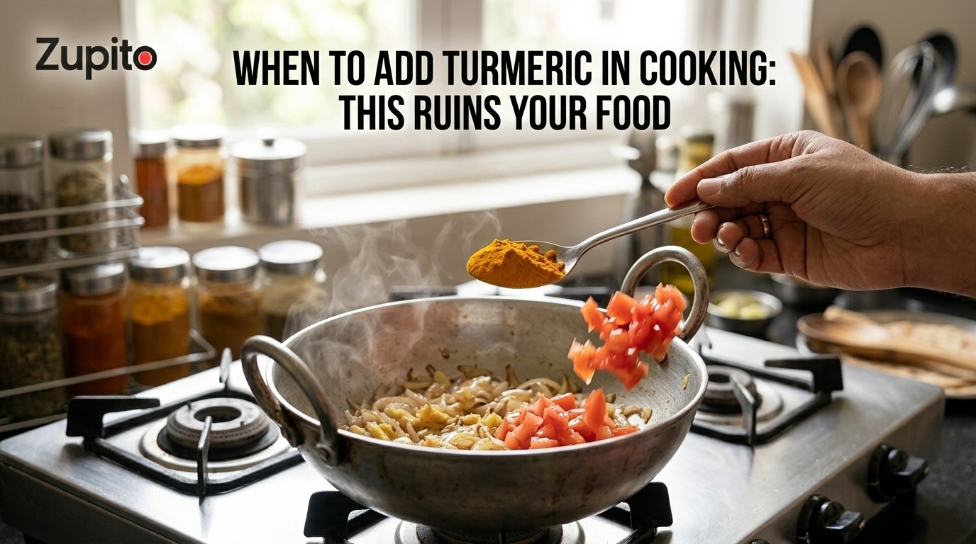 A close-up action shot from Zupito demonstrating the critical when to add turmeric in cooking timing decision, preventing a curry mistake.