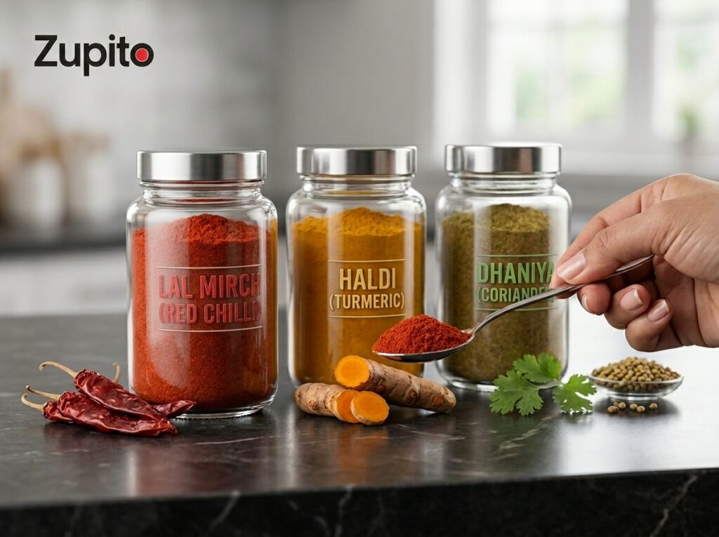 Zupito premium spice combos featuring Kashmiri Red Chilli, Turmeric, and Dhaniya for perfectly balanced home-cooked meals.