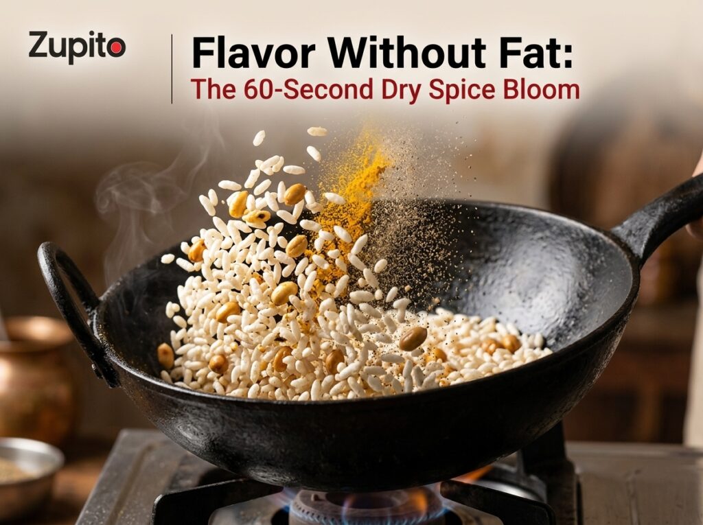 dry roasting puffed rice healthy evening snacks vegetarian in cast iron pan