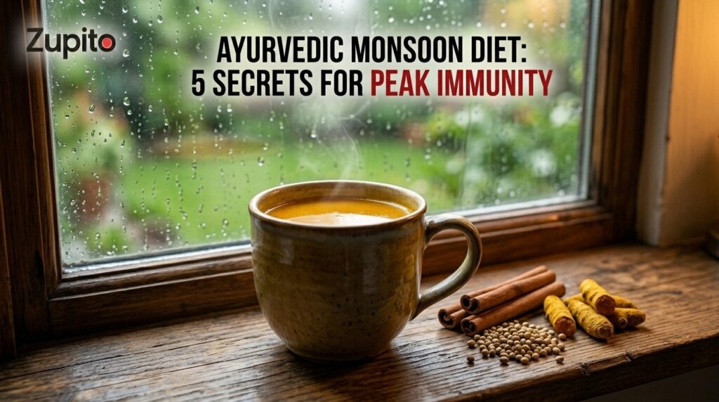 ayurvedic monsoon diet with warm turmeric immunity drink and spices