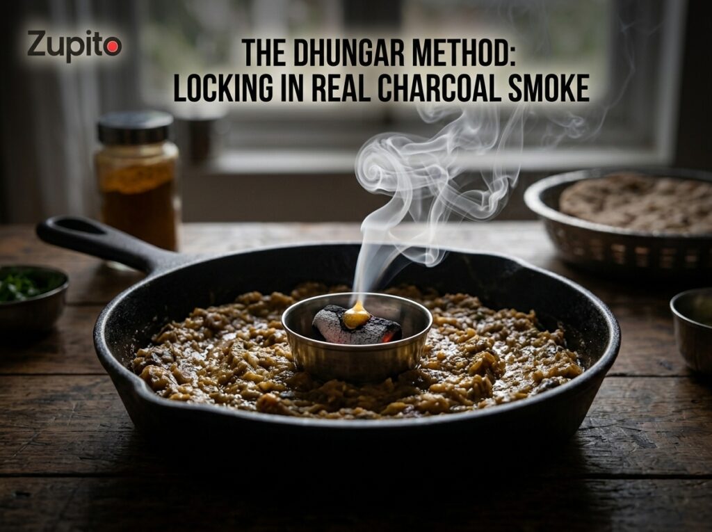 dhungar method smoke infusion using hot coal inside a traditional baingan bharta recipe