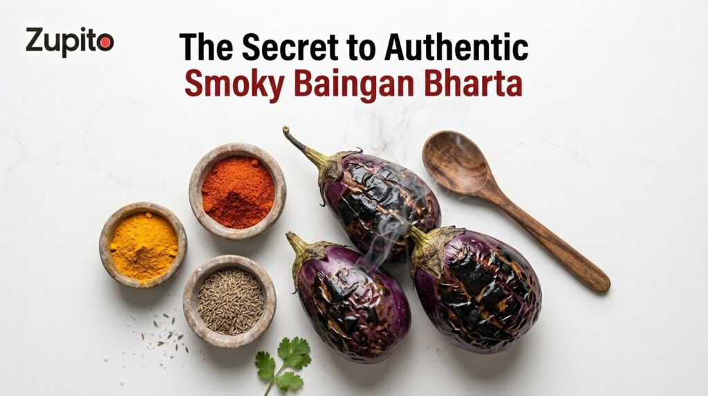authentic baingan bharta recipe preparation with fire roasted eggplants and pure cold milled spices