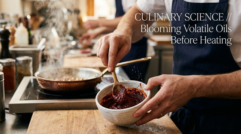 The Professional Culinary Spice Blooming Technique Professional chef blooming pure mathania red pepper powder after completing online chilli powder shopping for authentic spices