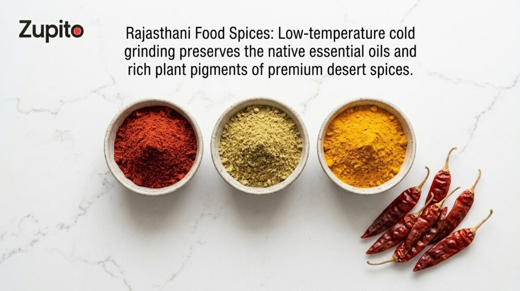 Rajasthani food spices premium cold ground mathania lal mirch coriander powder in vintage bowls