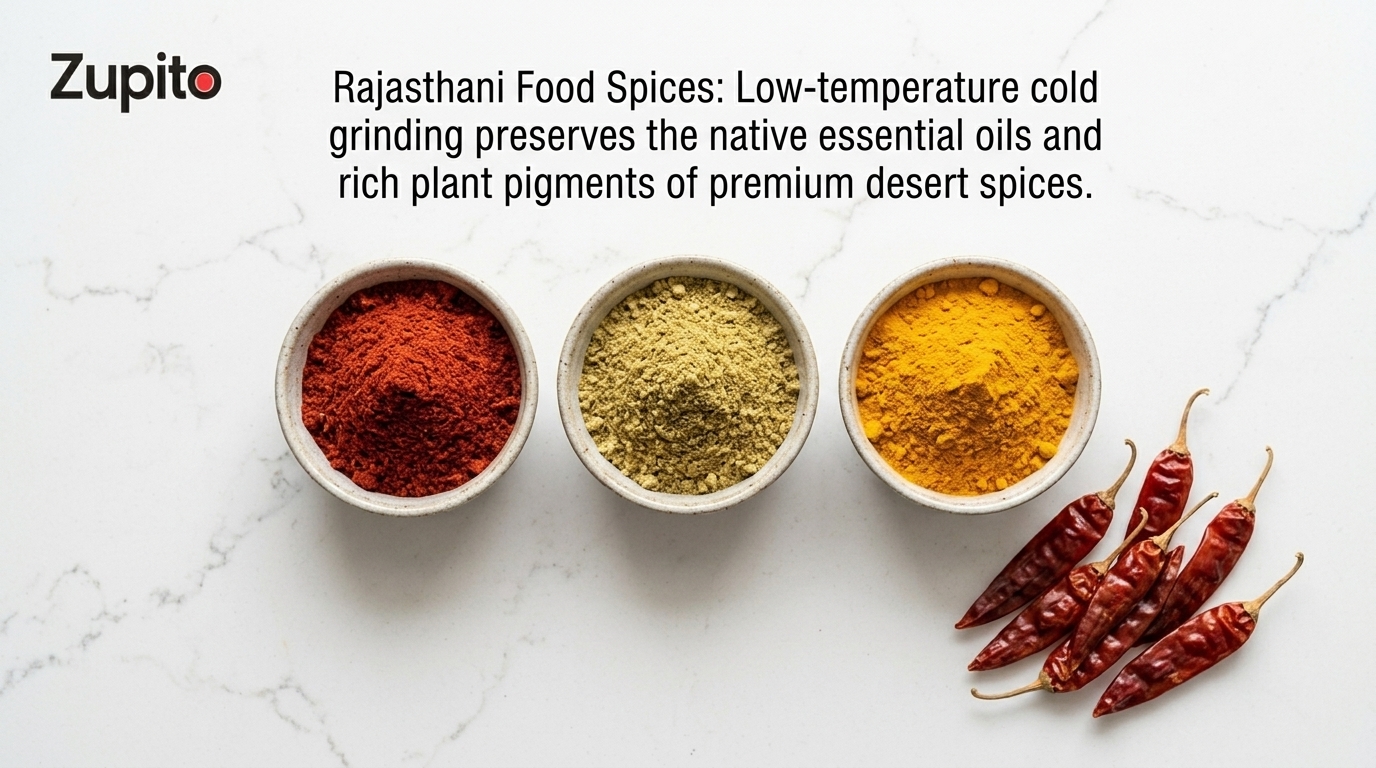 Rajasthani food spices premium cold ground mathania lal mirch coriander powder in vintage bowls