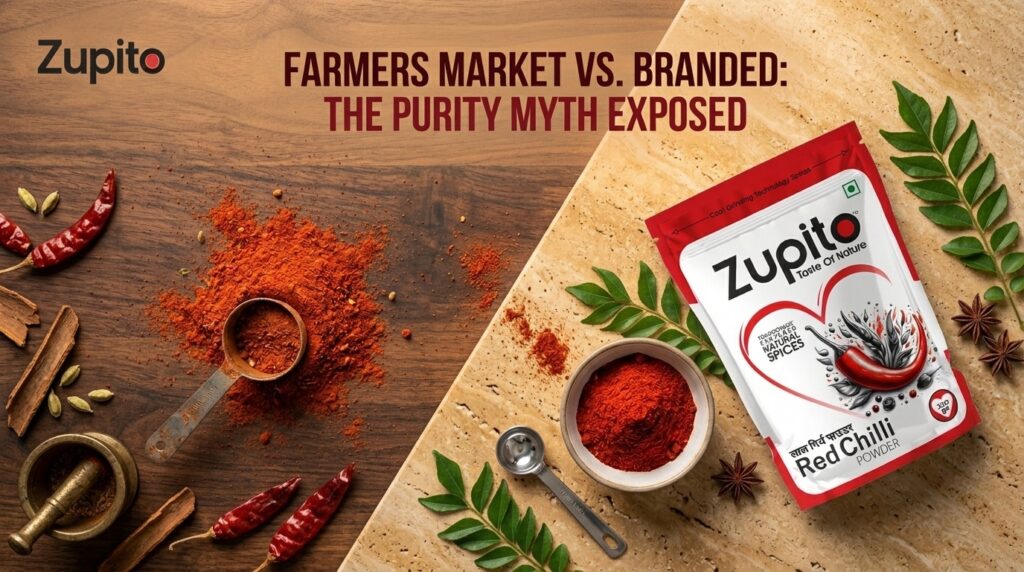 farmers market spices vs branded premium cold ground packs compared on modern kitchen counter