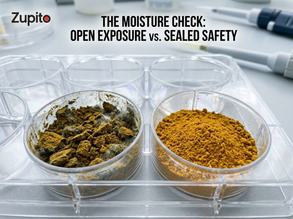loose masale vs packed moisture test showing fungal mold accumulation under laboratory light