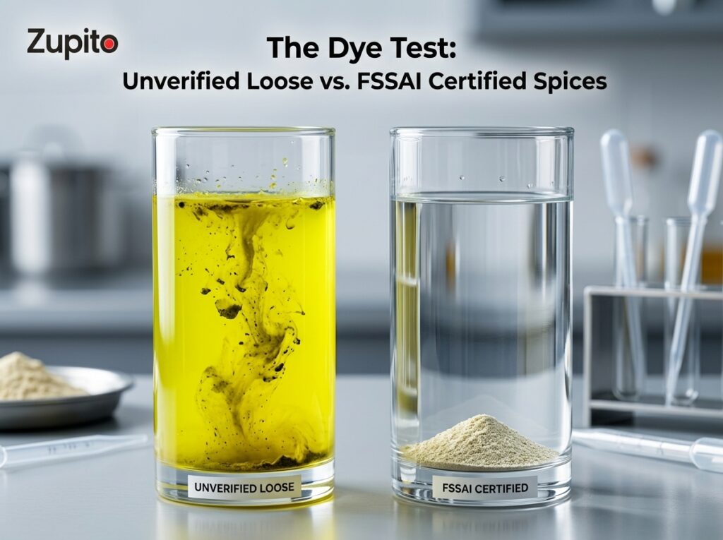 testing unverified loose spices vs FSSAI certified spices for heavy metal dyes in glass cylinders