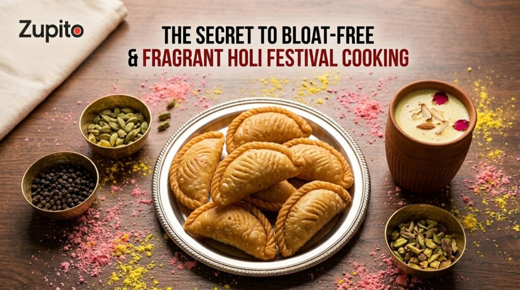 traditional holi special recipes with golden fried gujiyas and saffron thandai on festive table