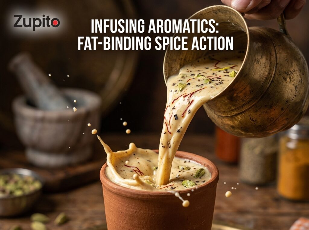 pouring rich saffron thandai mix with active cold ground black pepper and cardamoms