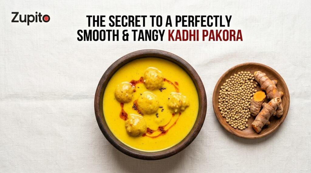 authentic kadhi pakora recipe in clay bowl with golden yogurt gravy and airy gram flour fritters