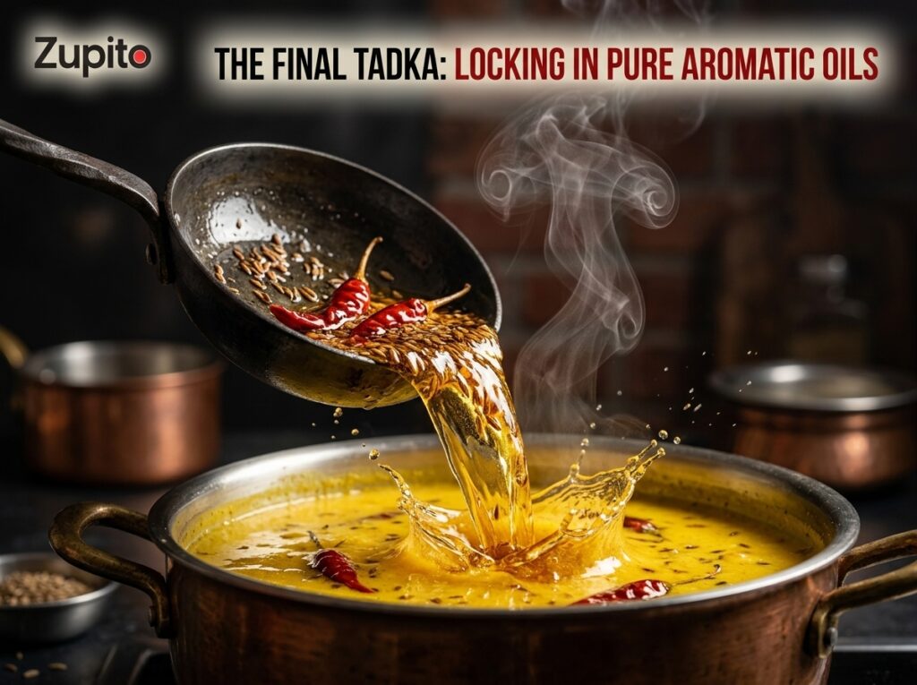 sizzling ghee tadka over kadhi pakora recipe using aromatic besan kadhi spices