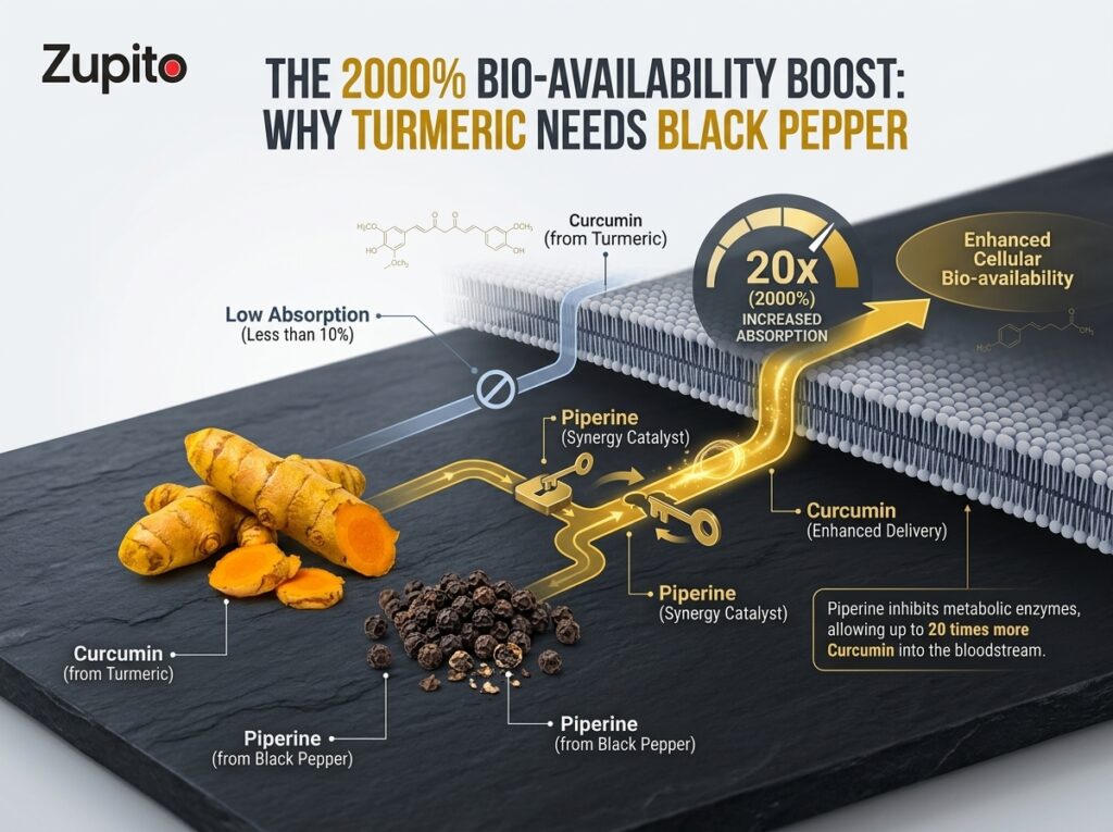 benefits of haldi and black pepper bio availability synergy infographic