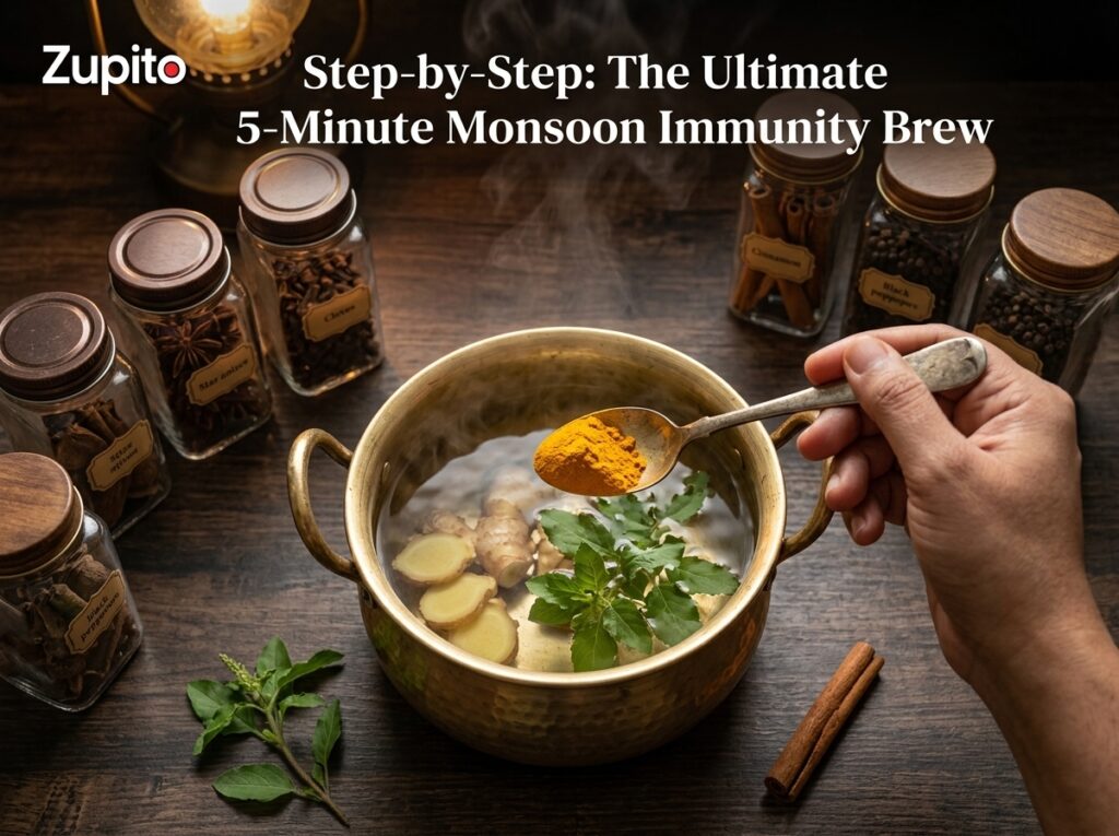 preparing monsoon cold and cough home remedies using pure haldi powder
