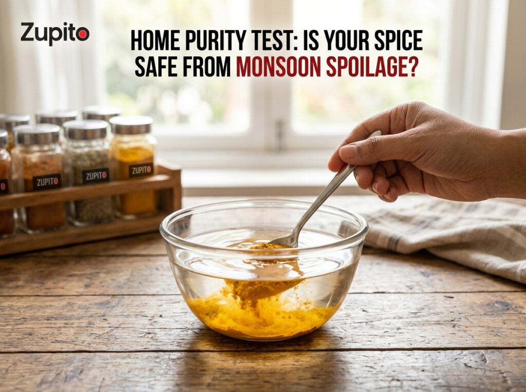 testing pure turmeric powder at home to prevent mold in spices during rainy season