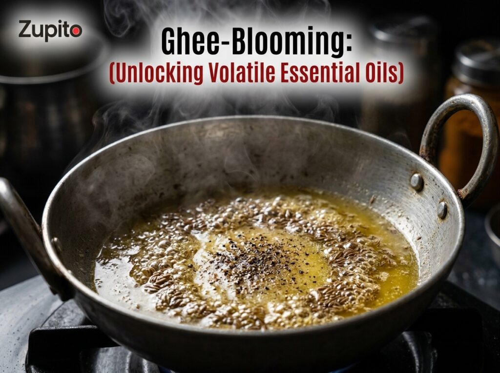 sizzling whole cumin seeds blooming in pure cow ghee for sendha namak recipes